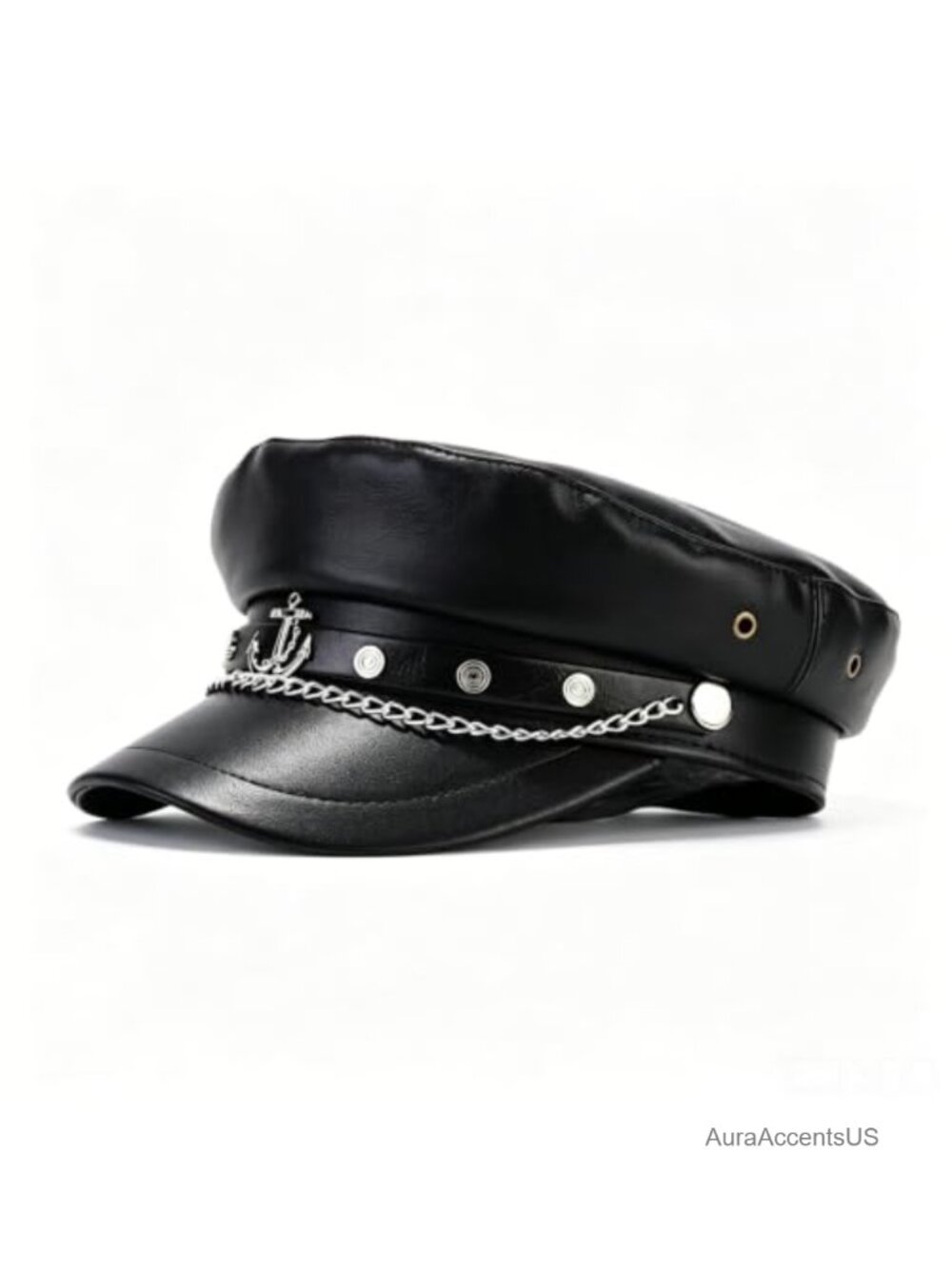 PU Leather Newsboy Hat Baker Boy Biker Cap with Chain Anchor Detail